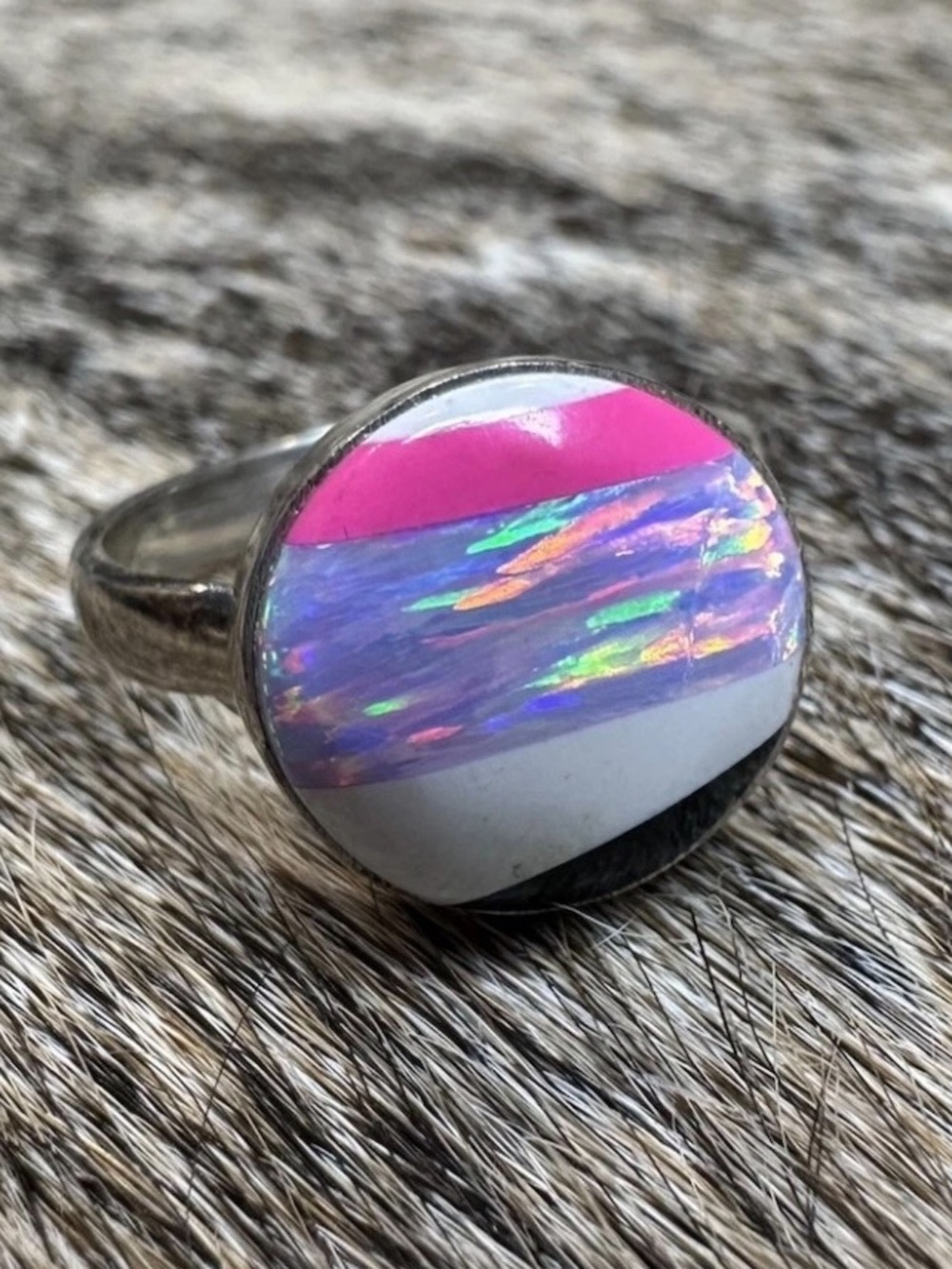 Sterling Silver Pink Opal Disco Ring | Resin Inlay Bohemian Style | 925 New